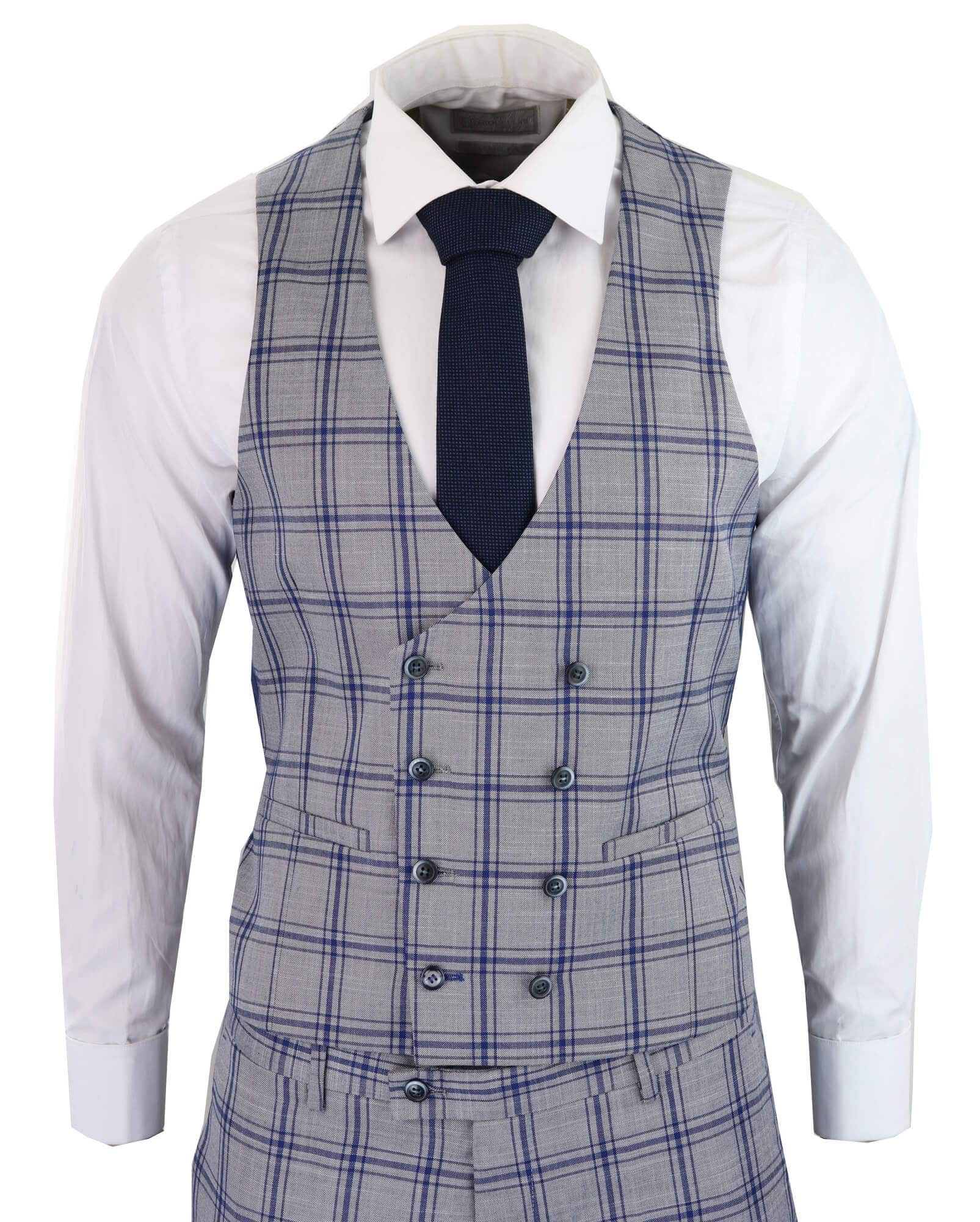 Men's Grey Blue Check 3 Piece Suit
