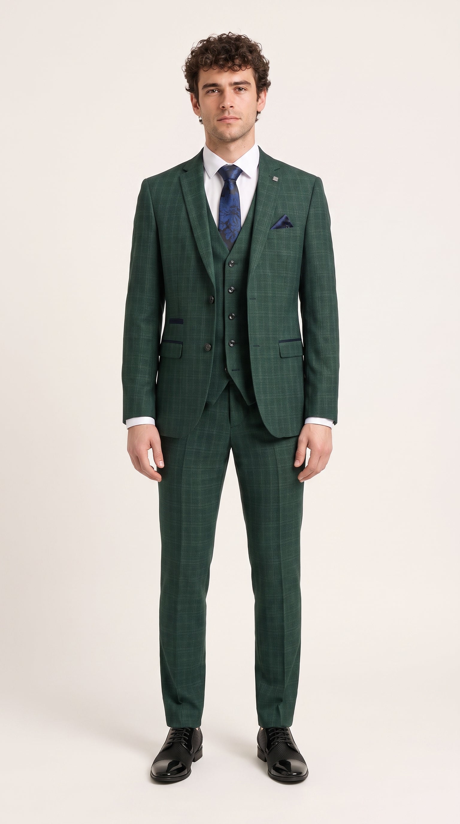Look #342 styled with Leo - Zielony męski garnitur w kratkę, 3-częściowy, dopasowany