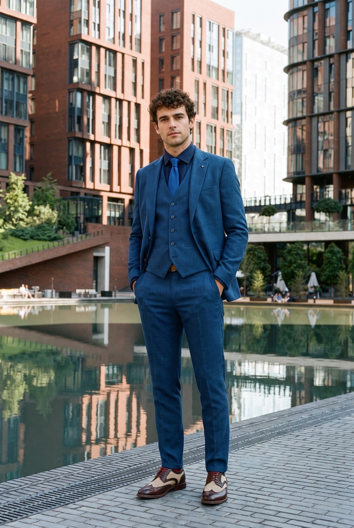 Look #998 styled with Męski niebieski letni garnitur lniany