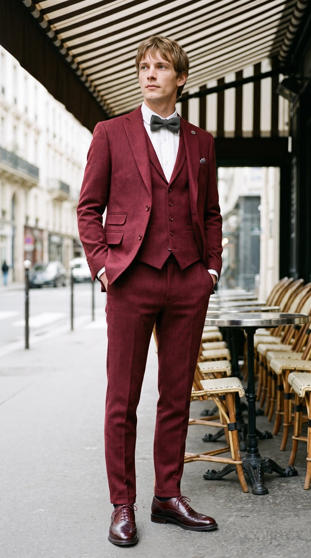 Look #144 styled with Męski garnitur tweedowy w jodełkę, w kolorze bordowym, 3-częściowy - STZ11