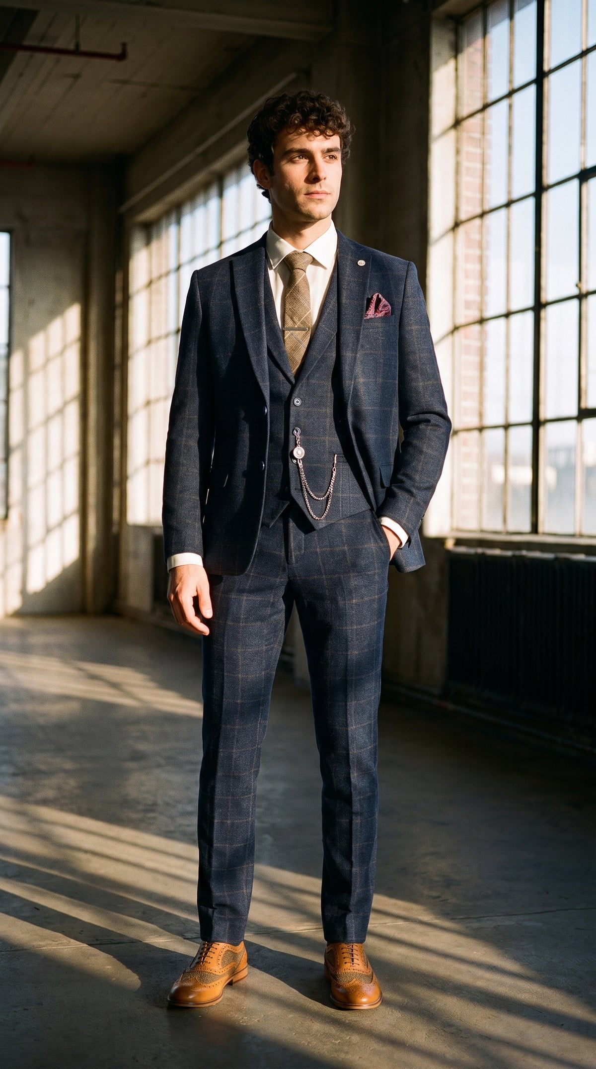 Look #725 styled with Męski garnitur 3-częściowy z wełny tweedowej w kolorze granatowo-brązowym w kratkę z lat 20. XX wieku, Gatsby