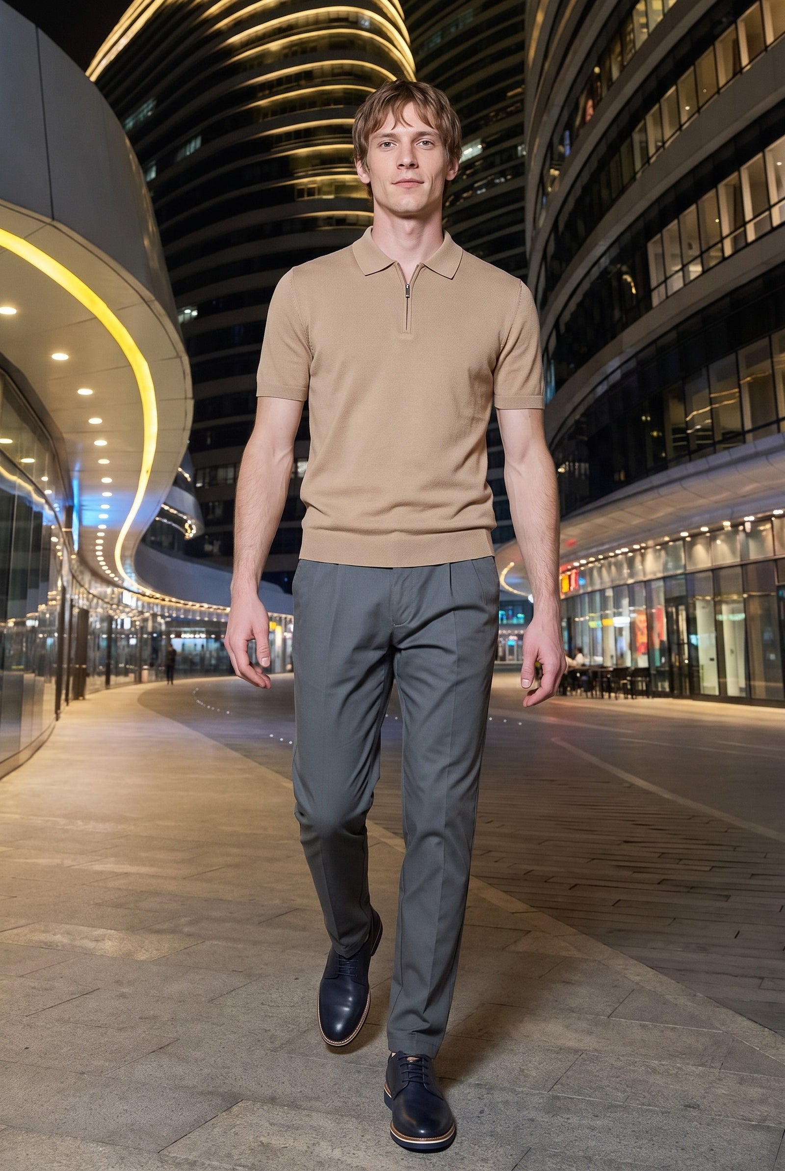 Look #977 styled with Beżowa dzianinowa koszulka polo z zamkiem błyskawicznym dla mężczyzn