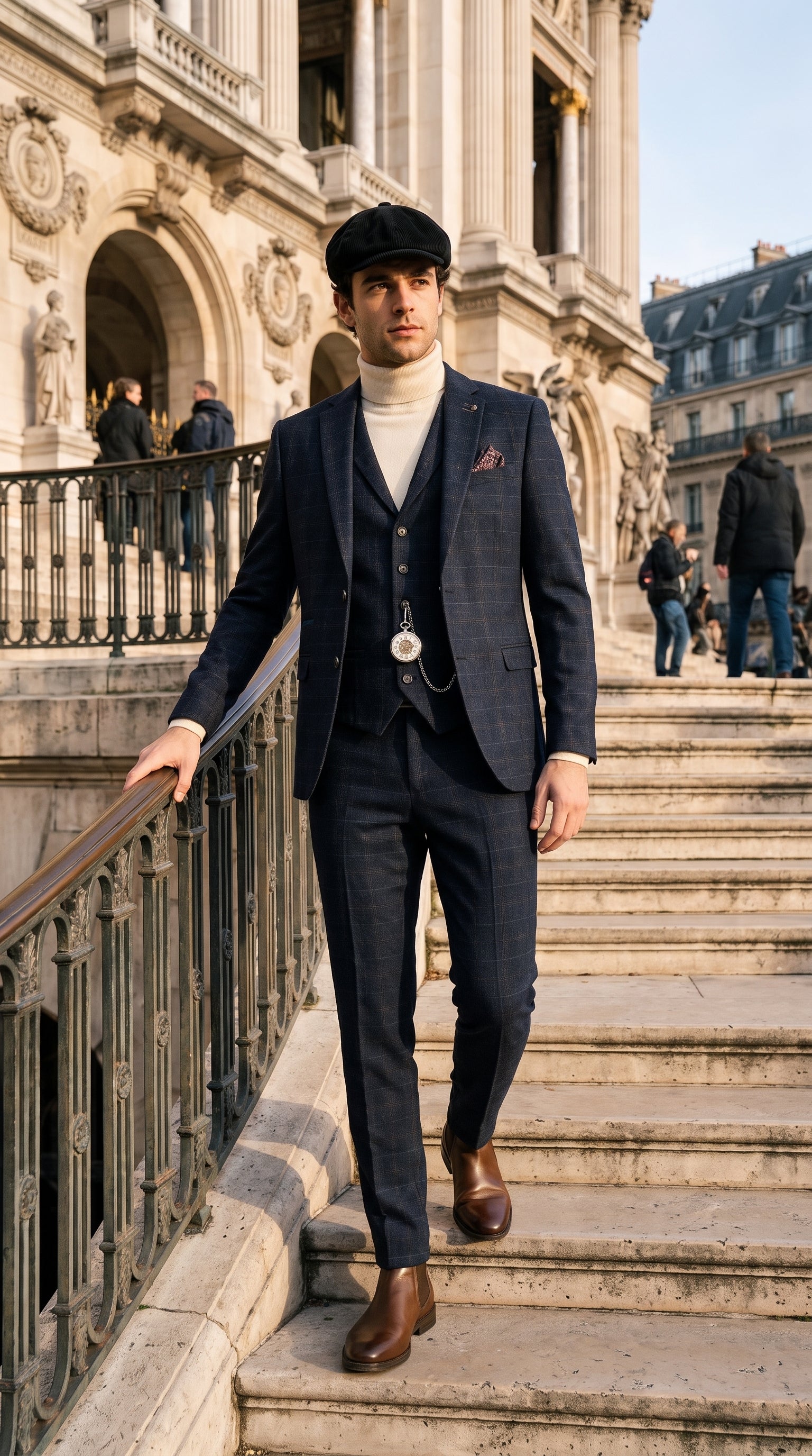 Look #133 styled with Ryan męski granatowy 3-częściowy garnitur tweedowy o dopasowanym kroju