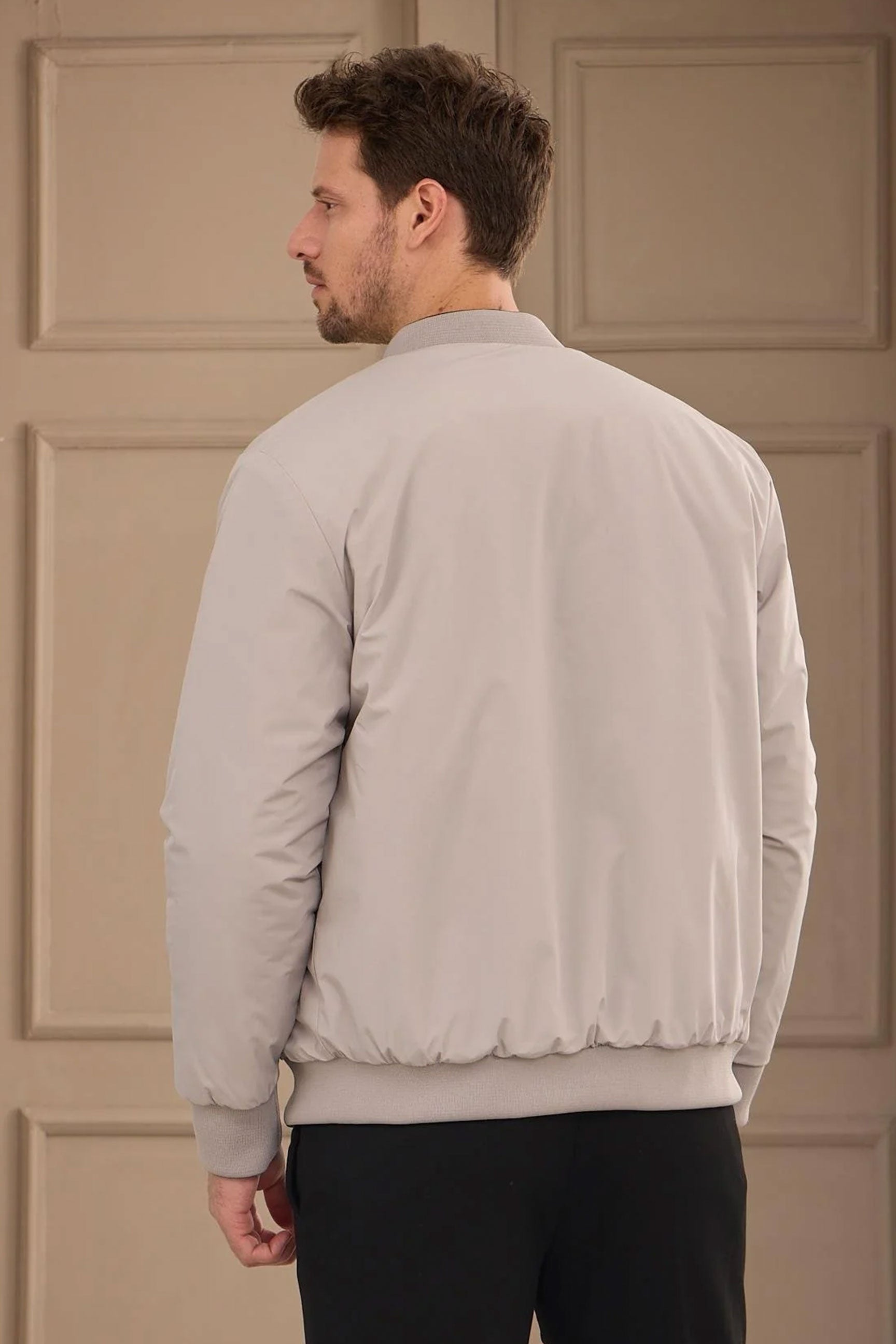 Męska kurtka typu bomber, dwustronna, pikowana, 2 w 1, w kolorze szaro-beżowym