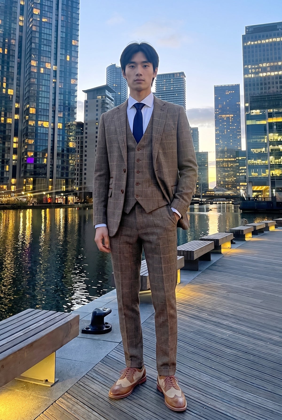 Look #536 styled with Harris - Brązowy, trzyczęściowy garnitur męski w jodełkę z tweedu