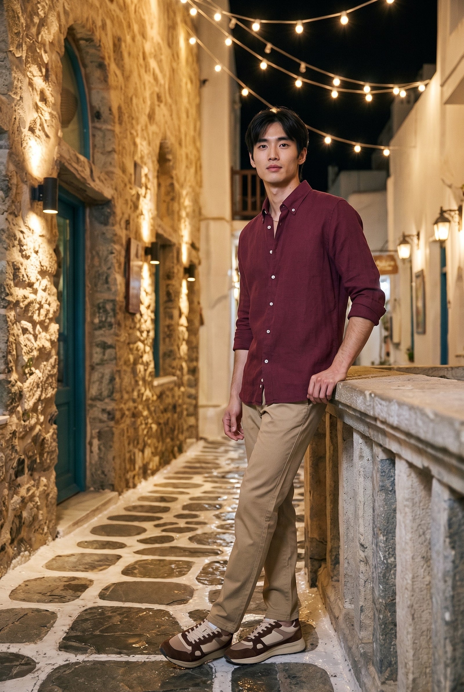 Look #1031 styled with Męskie spodnie chino w kolorze khaki z mieszanki lnu, z cienkiej bawełny Tencel, letniej tkaniny