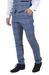 Mens Marc Darcy Light Blue Navy Check Trousers Smart Casual Tweed Slim Fit Clinton