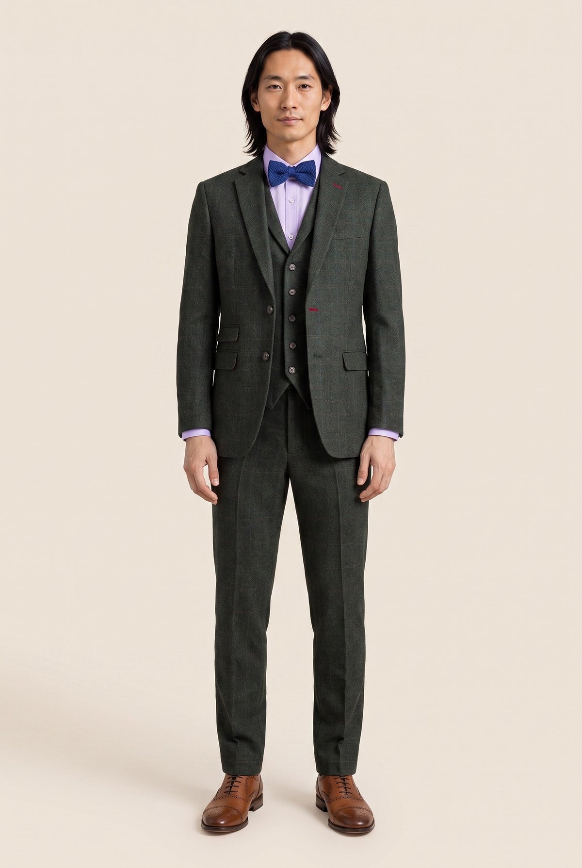 Look #1003 styled with Joshua Męski 3-częściowy garnitur z zielonego tweedu o dopasowanym kroju