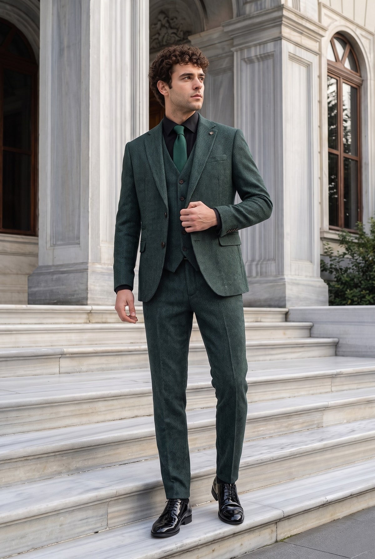 Look #1013 styled with Thomas - Oliwkowozielony, 3-częściowy garnitur z mieszanki wełny i tweedu