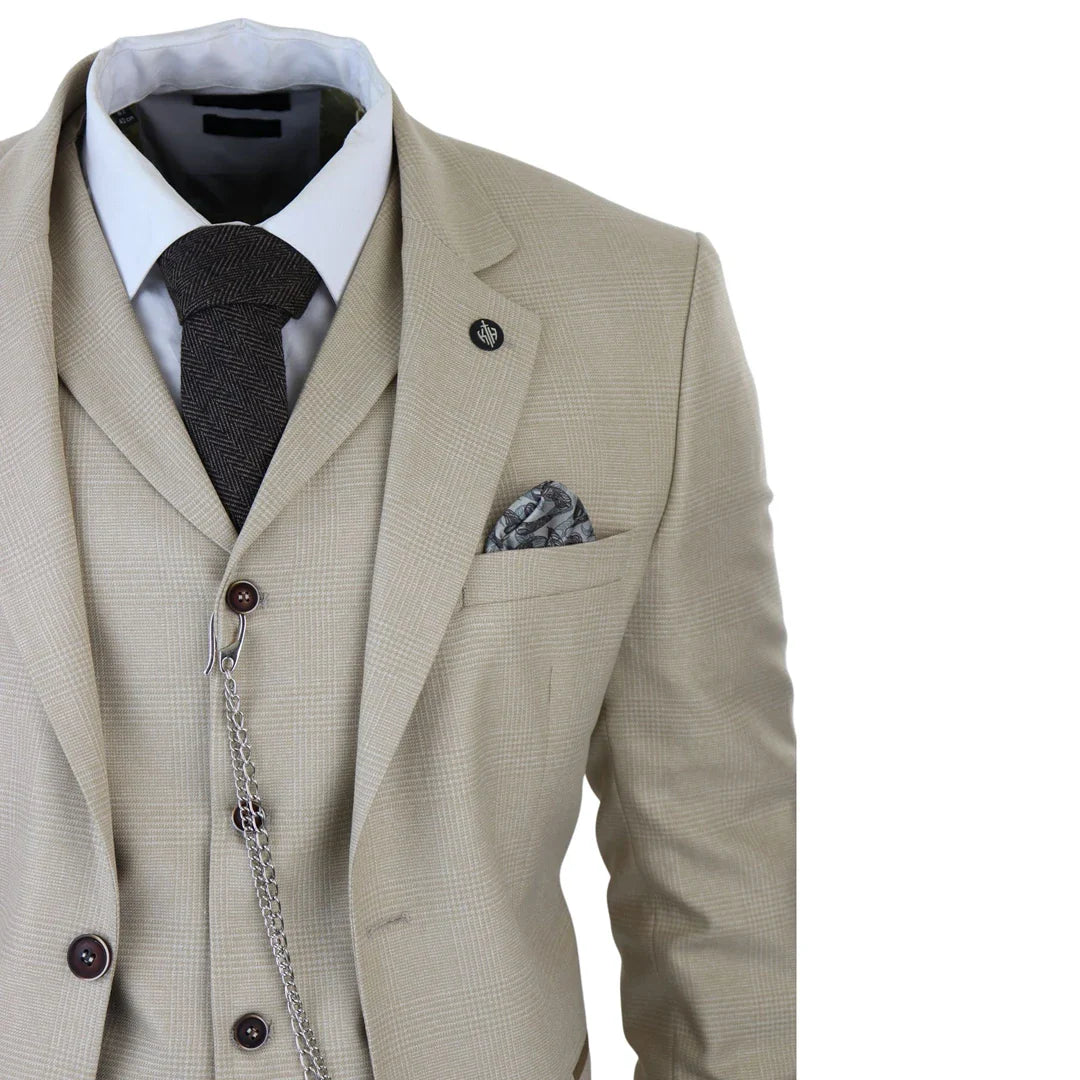 AK-08 Men's 3-Piece Cream Prince Of Wales Check Suit