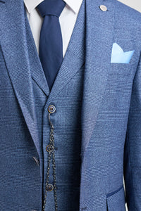 AK-09 Męski garnitur 3-częściowy w kratę Księcia Walii, niebieski, szyty na miarę