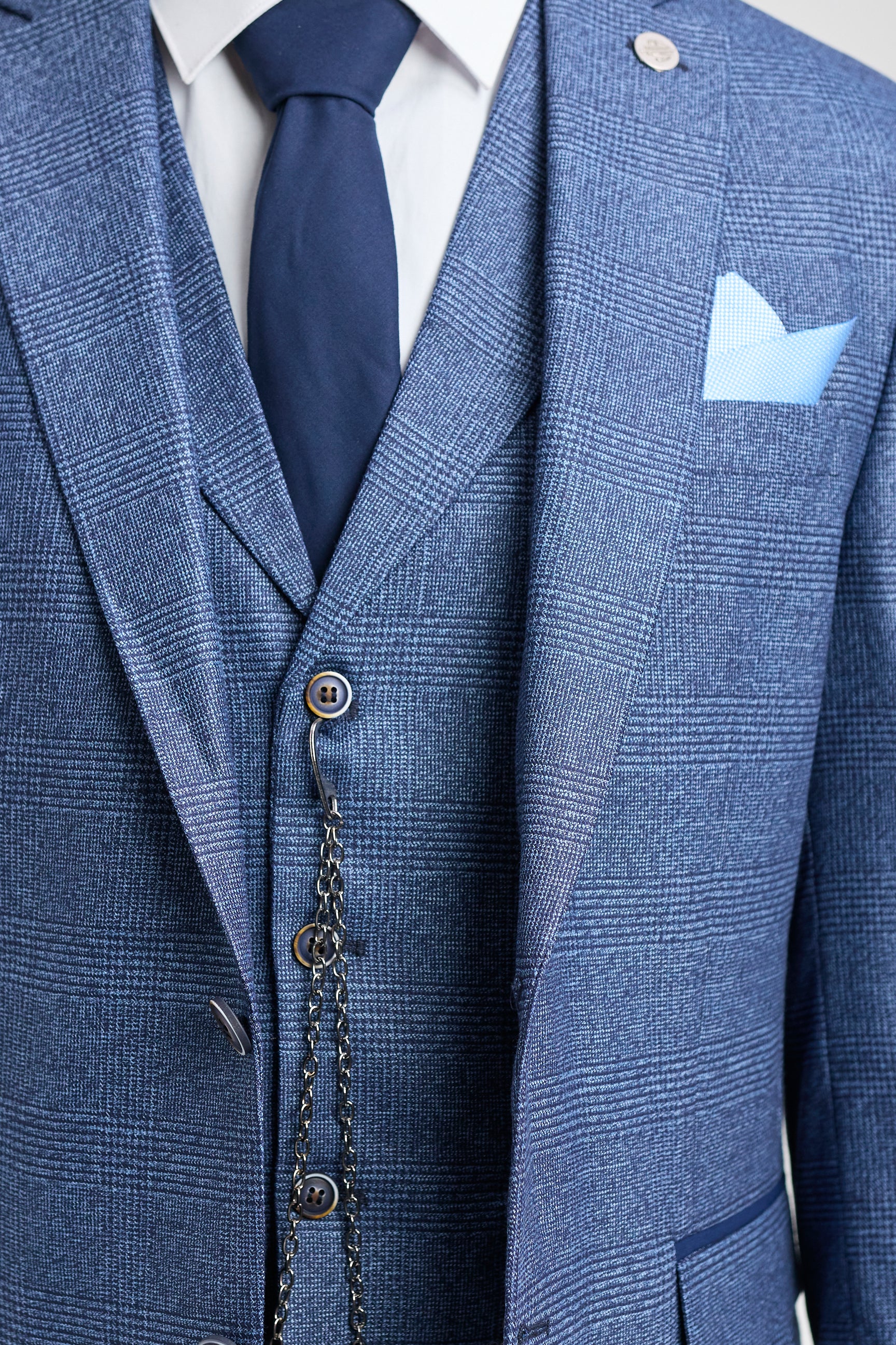 AK-09 Męski garnitur 3-częściowy w kratę Księcia Walii, niebieski, szyty na miarę