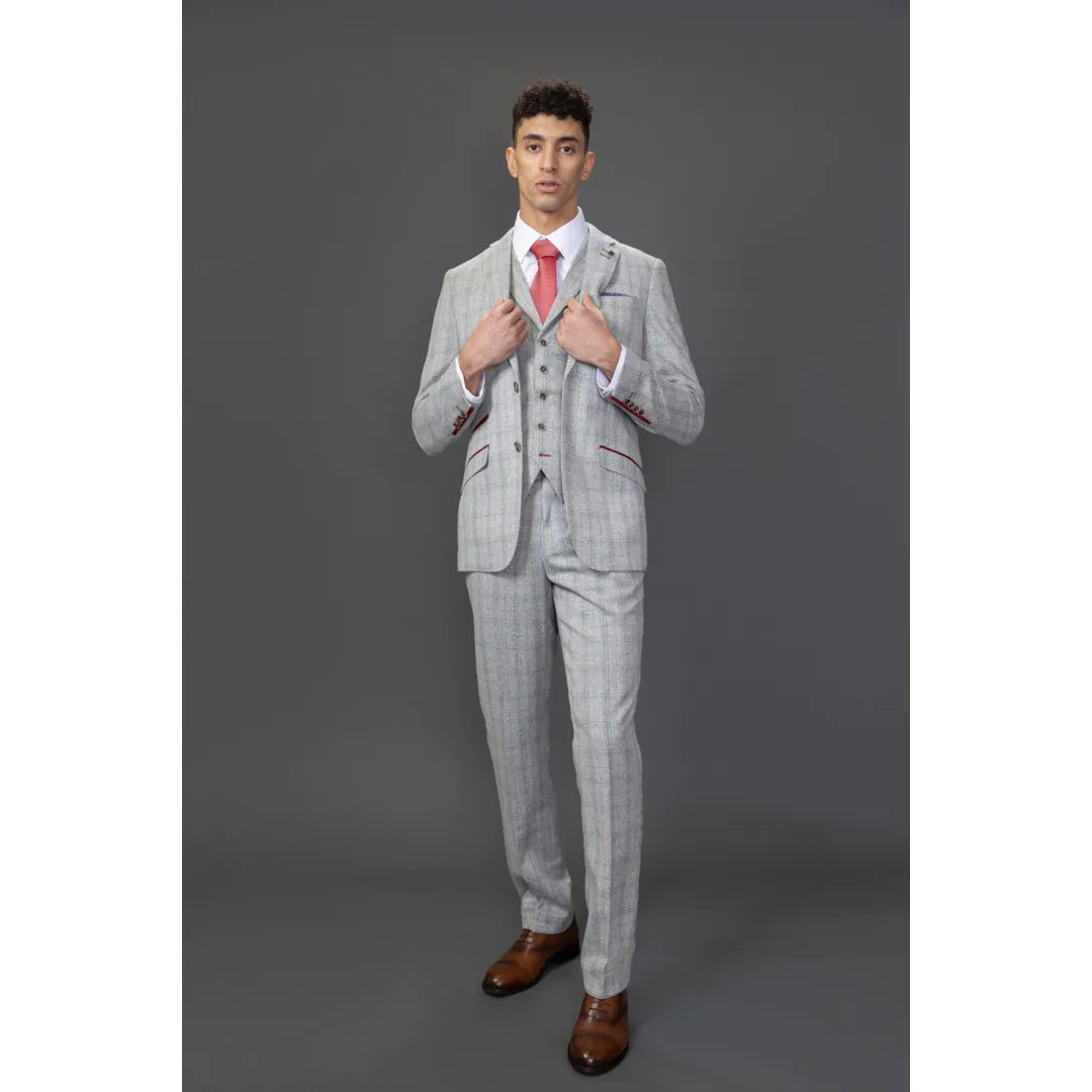 Andrew Men's 3-Piece Grey Checked Slim Fit Suit with Red Accents