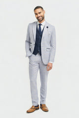 Męski jasnoniebieski garnitur w kratkę Prince of Wales, 3-częściowy, z granatową kamizelką