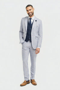 Męski jasnoniebieski garnitur w kratkę Prince of Wales, 3-częściowy, z granatową kamizelką