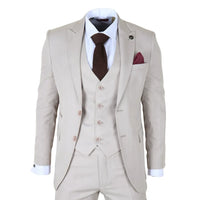 Beige suit with a brown tie and pocket square on a white background