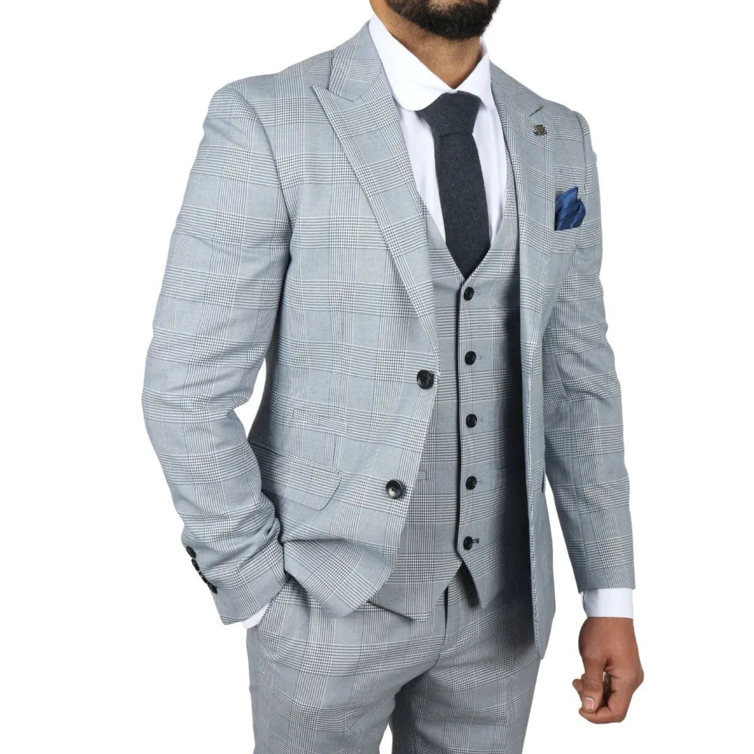 Mark Men's Light Blue 3-Piece Tweed Check Tailored Fit Suit
