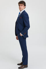 Męski granatowy garnitur 3-częściowy z brązowym wykończeniem, klasyczny, w stylu vintage, z ptasim okiem, dla panów młodych