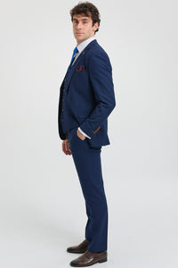 Męski granatowy garnitur 3-częściowy z brązowym wykończeniem, klasyczny, w stylu vintage, z ptasim okiem, dla panów młodych