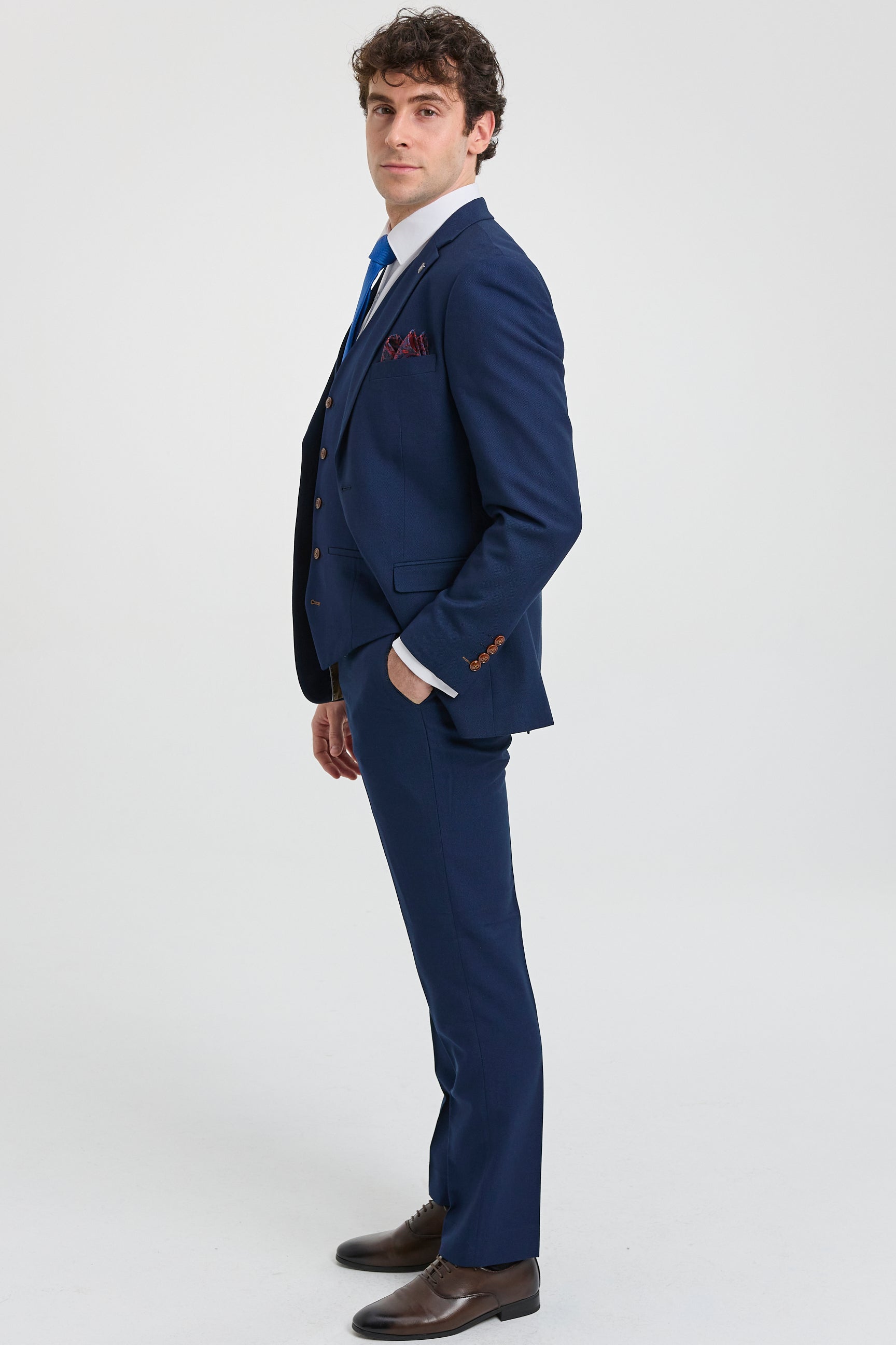Męski granatowy garnitur 3-częściowy z brązowym wykończeniem, klasyczny, w stylu vintage, z ptasim okiem, dla panów młodych