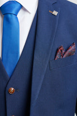 Męski granatowy garnitur 3-częściowy z brązowym wykończeniem, klasyczny, w stylu vintage, z ptasim okiem, dla panów młodych