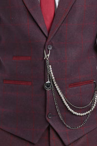 Męski garnitur 3-częściowy z wełny tweedowej w kolorze śliwkowo-winnym w kratkę, lata 20. XX wieku, Gatsby