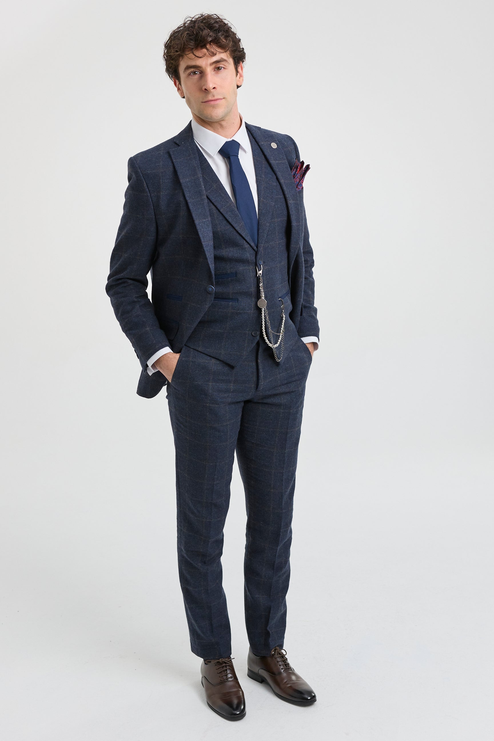 Męski garnitur 3-częściowy z wełny tweedowej w kolorze granatowo-brązowym w kratkę z lat 20. XX wieku, Gatsby