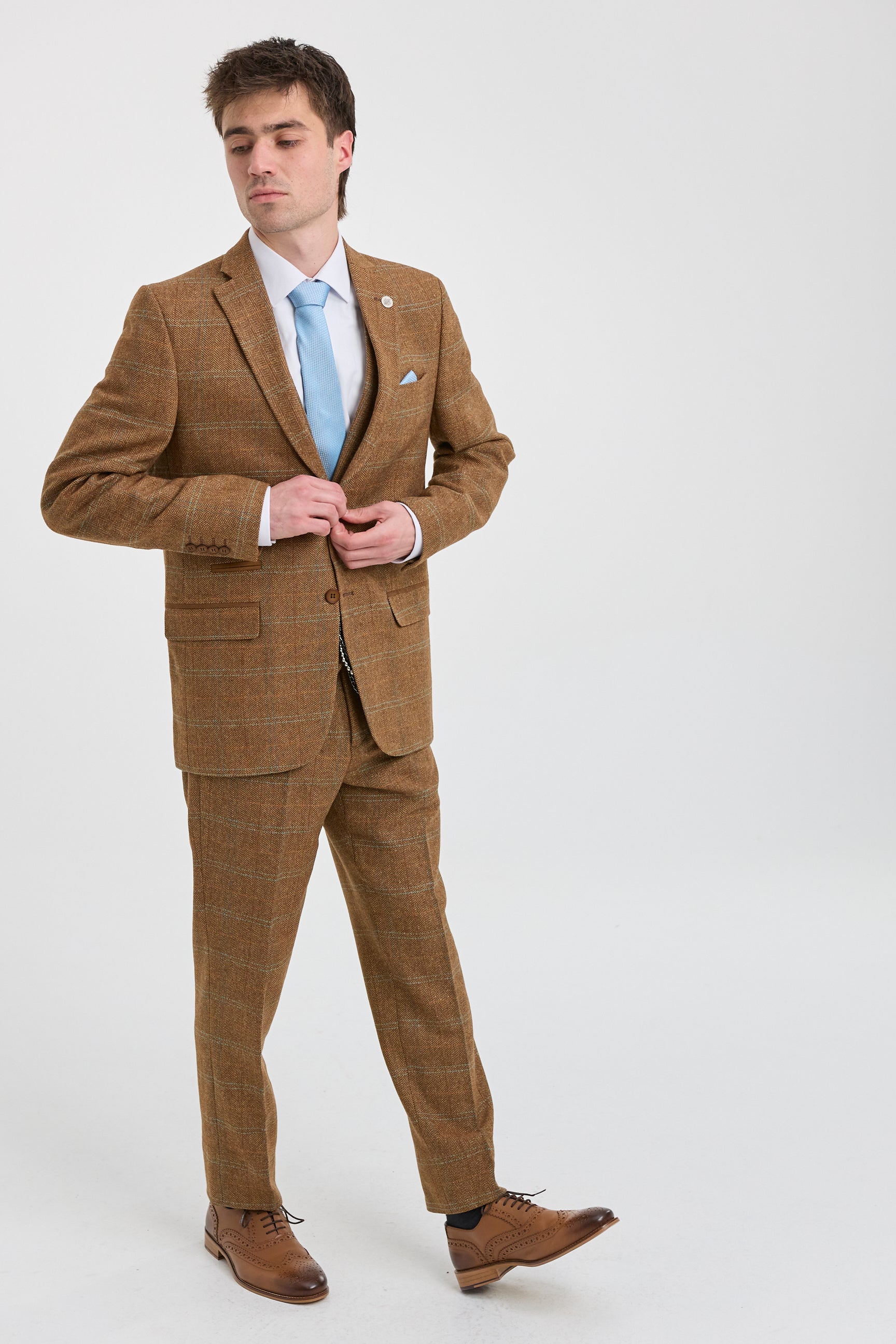 Męski garnitur 3-częściowy z wełny tweedowej w jodełkę, brązowy, w niebieską kratkę, lata 20. XX wieku, Gatsby