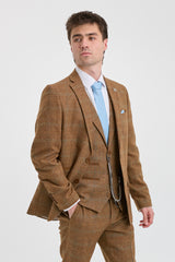 Męski garnitur 3-częściowy z wełny tweedowej w jodełkę, brązowy, w niebieską kratkę, lata 20. XX wieku, Gatsby