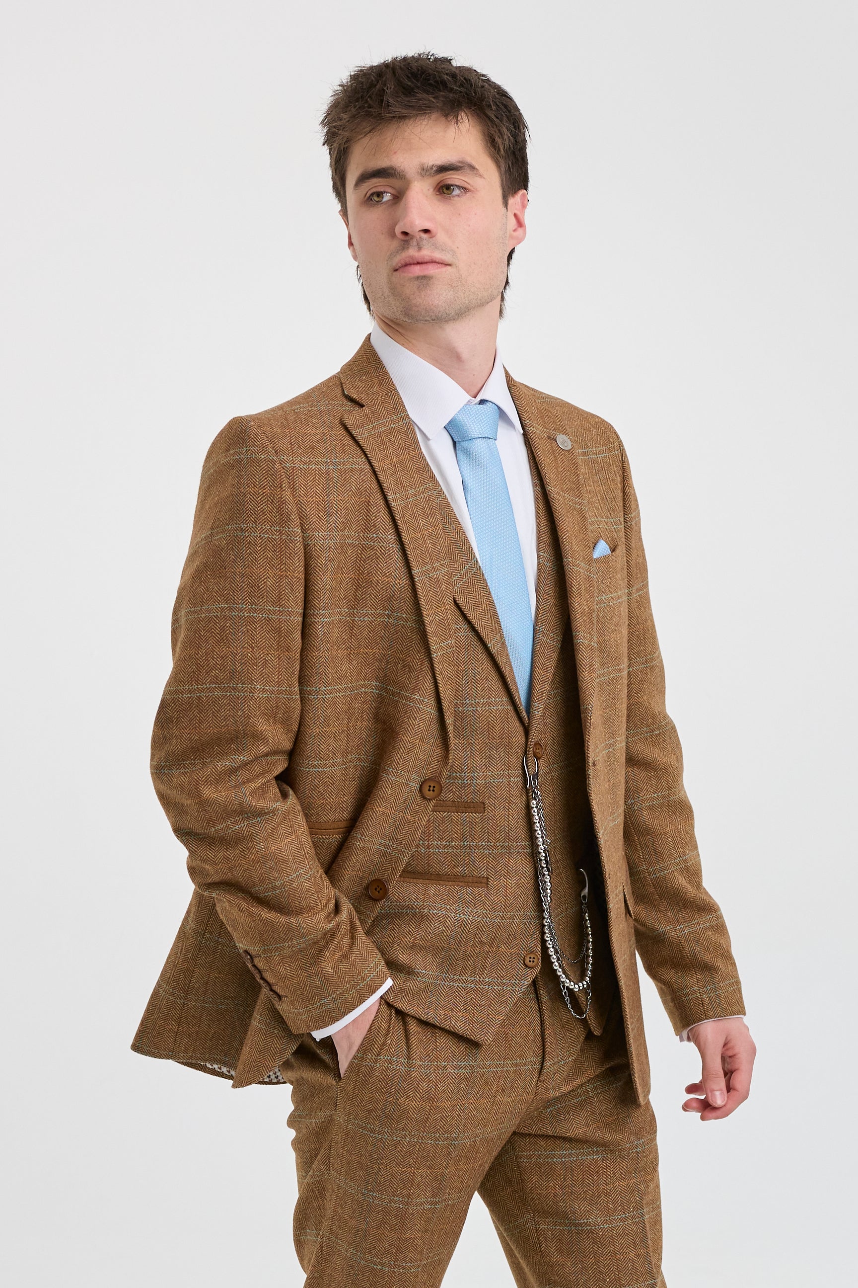 Męski garnitur 3-częściowy z wełny tweedowej w jodełkę, brązowy, w niebieską kratkę, lata 20. XX wieku, Gatsby