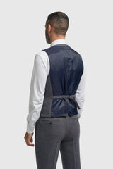 Thomas - Męski granatowy garnitur 3-częściowy z mieszanki wełny i tweedu