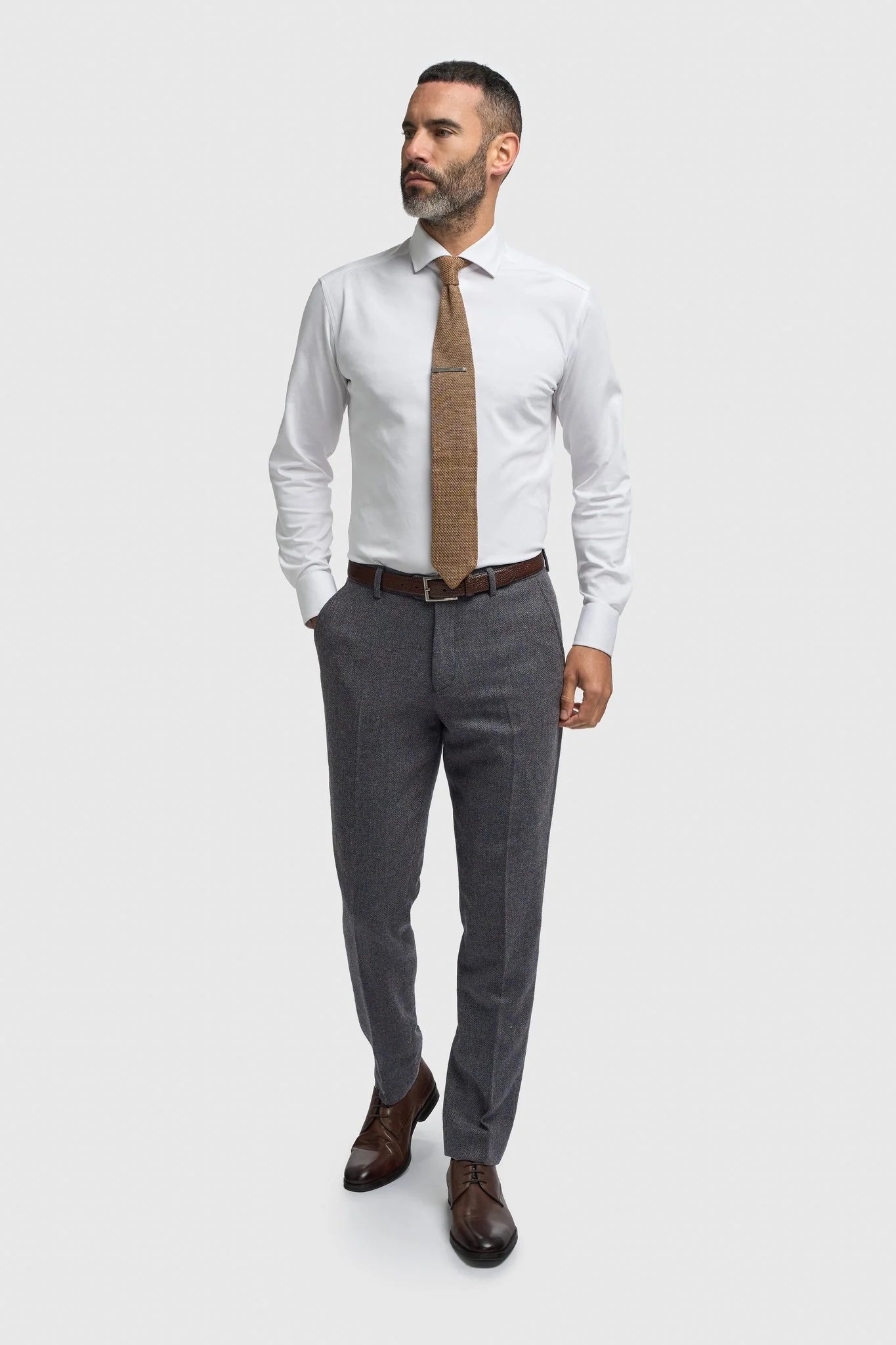 Thomas - Męski granatowy garnitur 3-częściowy z mieszanki wełny i tweedu