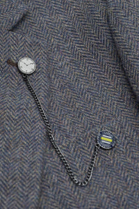 Thomas - Męski granatowy garnitur 3-częściowy z mieszanki wełny i tweedu