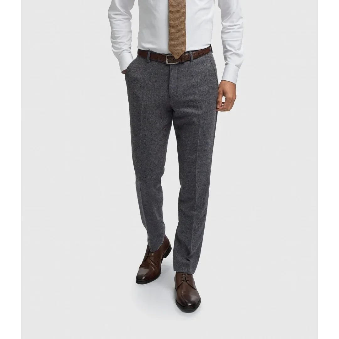 Thomas - Męskie granatowe spodnie tweedowe z mieszanki wełny w jodełkę