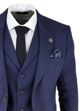 Men's Navy-Blue Herringbone Tweed 3 Piece Suit