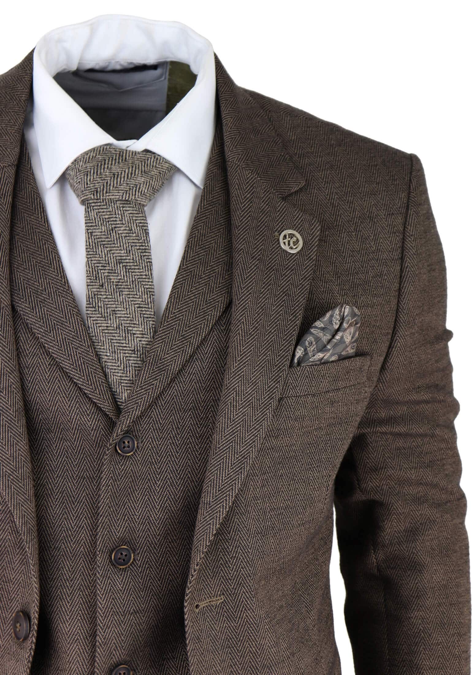 Men's Brown Herringbone Tweed 3 Piece Suit