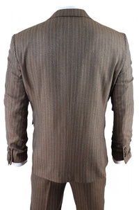 Men's Oak Brown Pinstripe Herringbone Tweed 3 Piece Suit