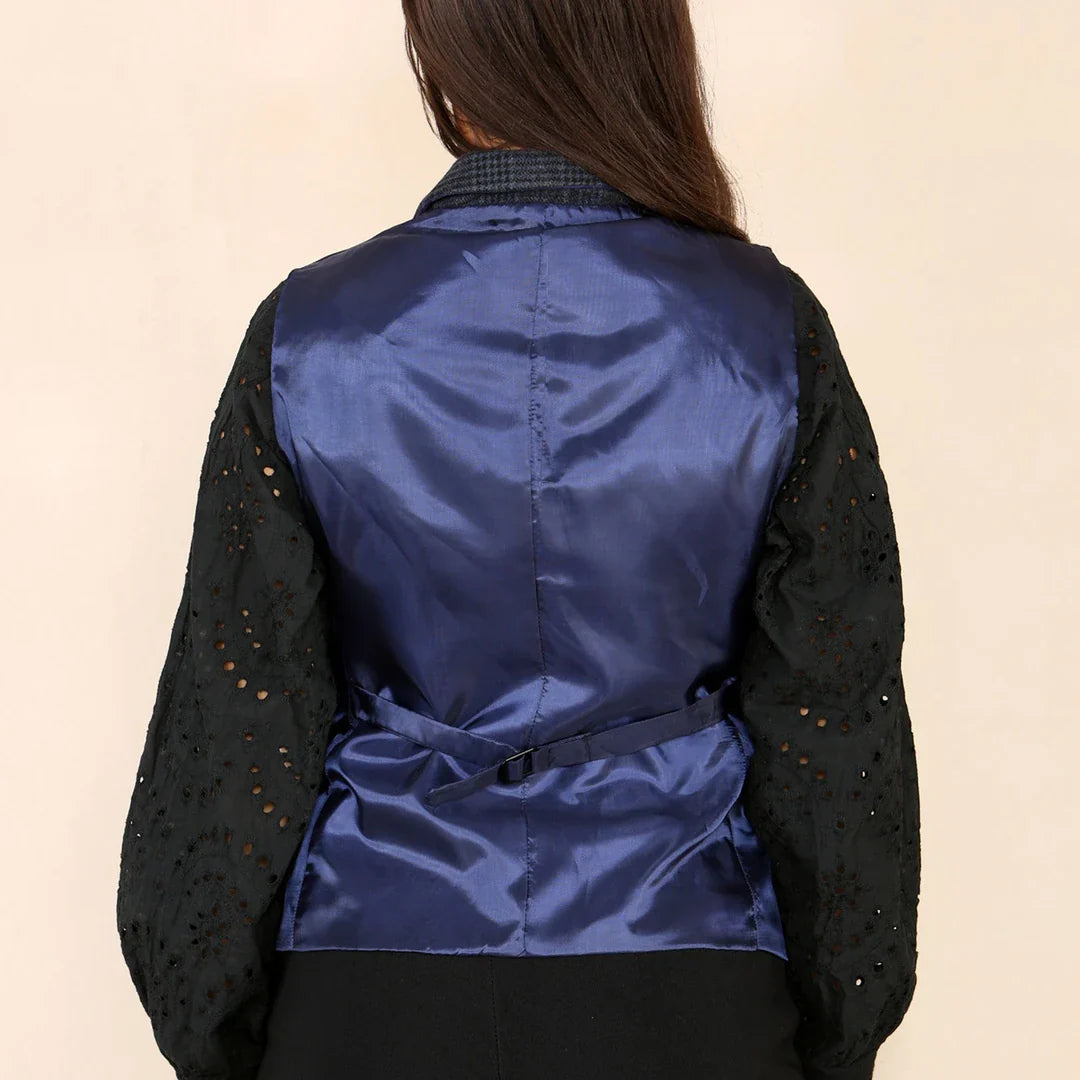 Damska kamizelka w kratkę tweedową w kolorze niebieskim