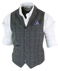 Cavani Albert - Mens Classic Tweed Herringbone Check Brown Grey Slim Fit Vintage Waistcoat Gilet-Charcoal