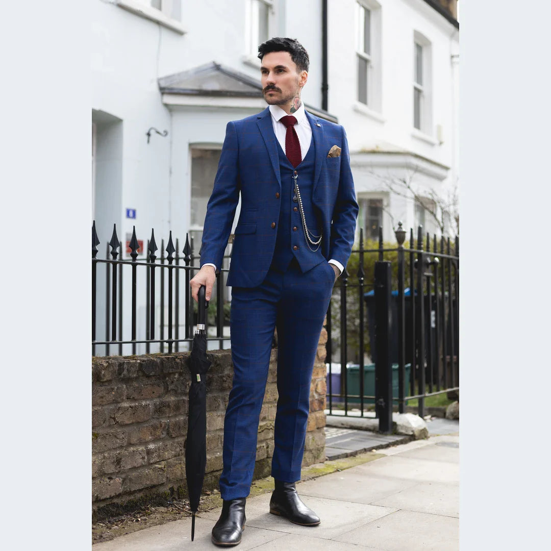 Męski garnitur w kolorze niebiesko-brązowym w kratkę, 3-częściowy, dopasowany, ślubny, bal maturalny, wyścigi Prince of Wales