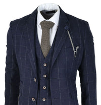 Mens Navy Check 3 Piece Suit Wool Tweed Classic 1920s Vintage Tailored Fit Wedding
