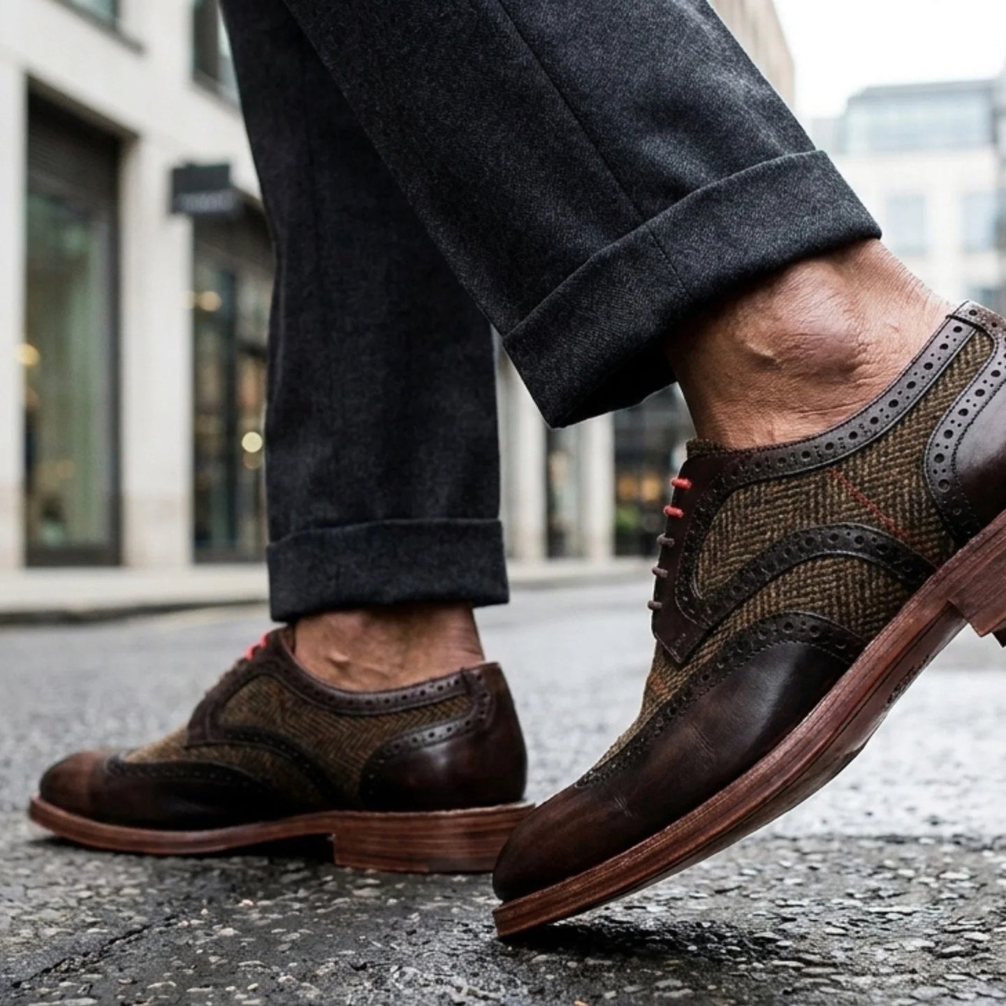 Arlo - Brązowe skórzane buty męskie typu brogs tweed