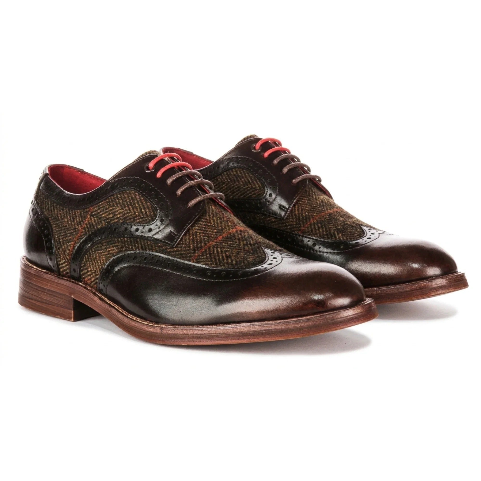 Arlo - Brązowe skórzane buty męskie typu brogs tweed