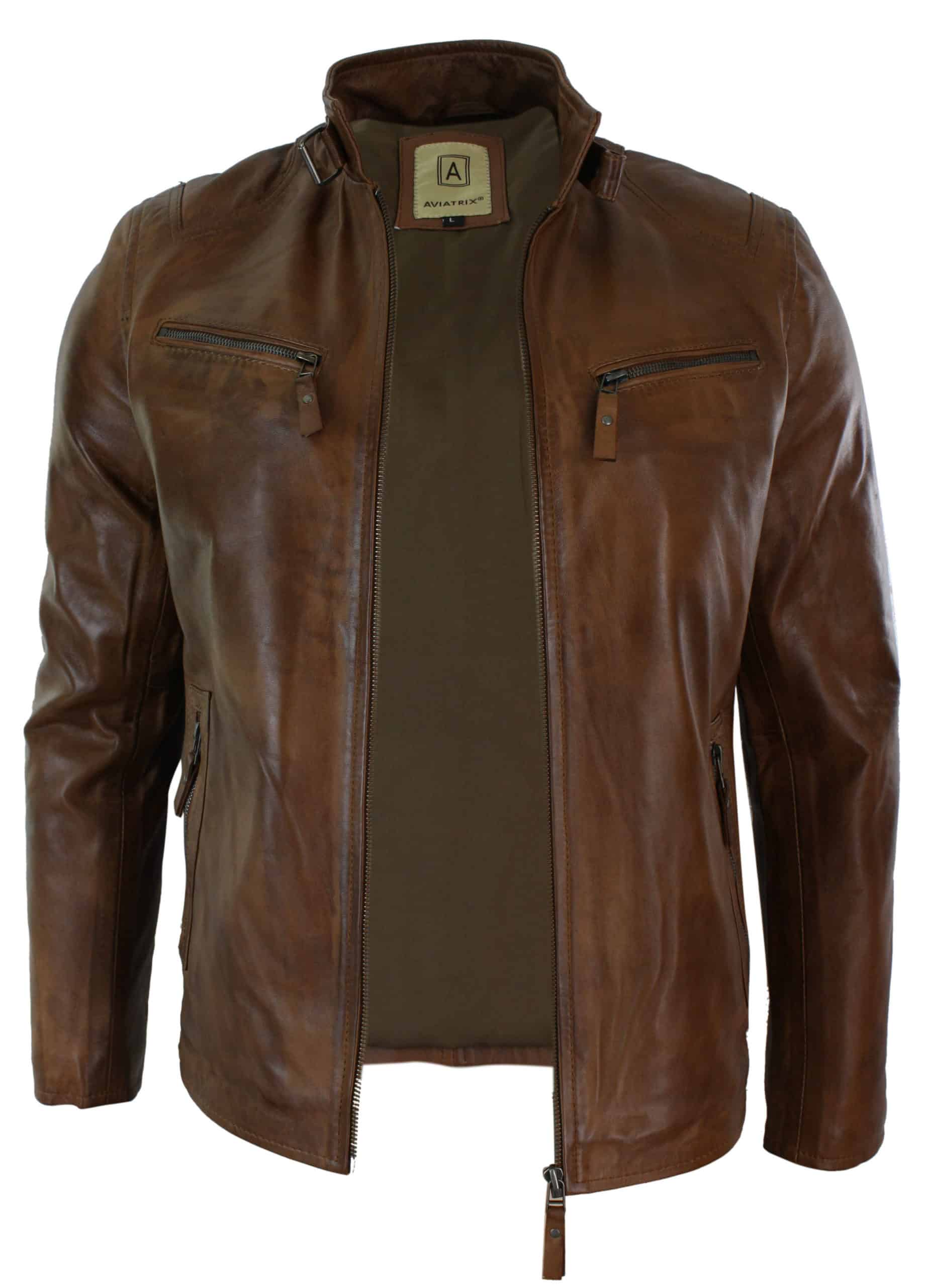 Real Leather Jacket Biker Style Vintage Black Zipped Pockets Casual Fitted for Men - Brown