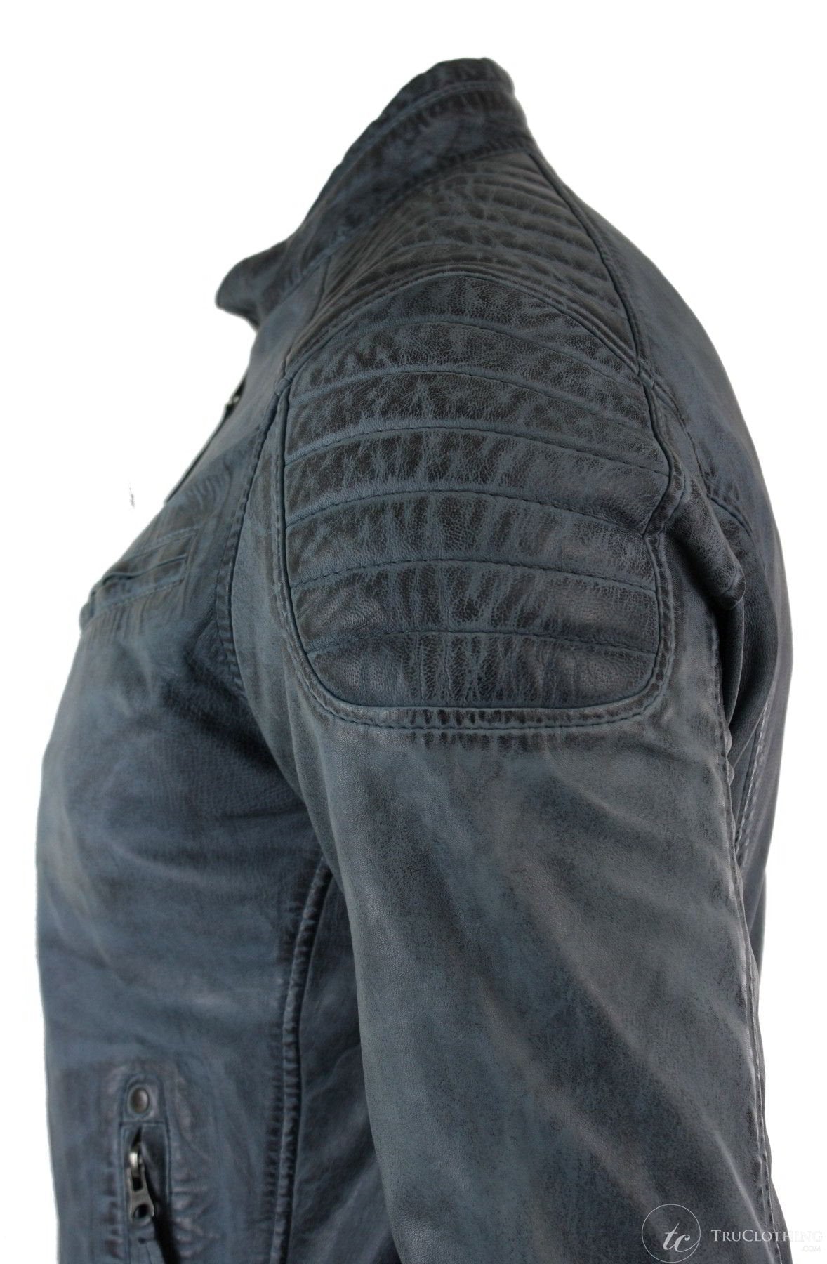 Real Washed Leather Slim Fit Retro Style Zipped Mens Biker Jacket Tan Brown Blue Urban-Zulu Blue