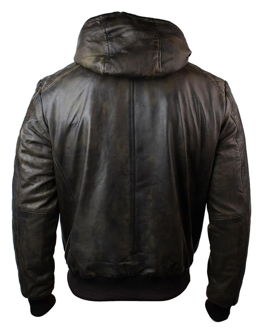 Mens Brown Washed Distressed Removable Hood Bomber Leather Jacket Quilted