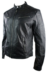 Real Leather Fitted Retro Style Zipped Mens Biker Jacket Tan Brown Nevada Timber Black Urban-Black