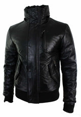 Mens Real Fur Hood Bomber Leather Jacket Black Puffer Padded-Black
