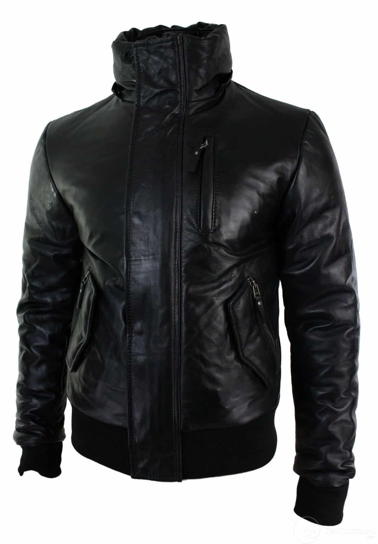 Mens Real Fur Hood Bomber Leather Jacket Black Puffer Padded-Black