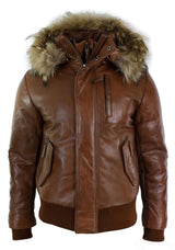 Mens Real Fur Hood Bomber Leather Jacket Black Puffer Padded-Tan